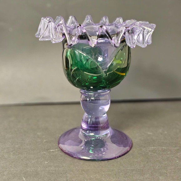 1980's‎ Two-Tone Green and Purple Pedestal Glass Candy Dish MCM - Picture 1 of 7